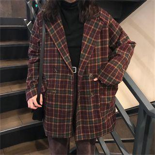 Plaid Double-breasted Blazer Plaid - Wine Red & Green - One Size