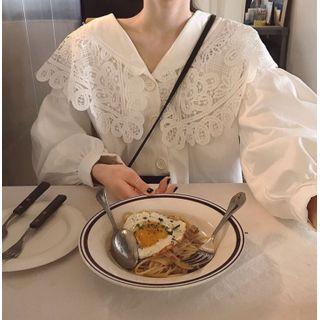 Lantern-sleeve Lace Panel Blouse White - One Size