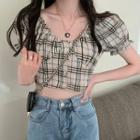 Puff-sleeve Square-neck Plaid Shirt Almond - One Size