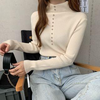 Mock Neck Long-sleeve Plain Ribbed Knit Top