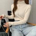 Mock Neck Long-sleeve Plain Ribbed Knit Top