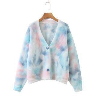 Tie-dye V-neck Cardigan Blue & Pink & White - One Size