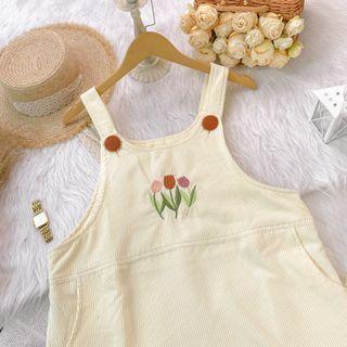 Floral Embroidered Corduroy Midi A-line Overall Dress