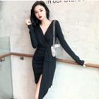 Long-sleeve Asymmetrical Sheath Dress Black - One Size
