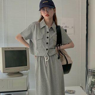 Set: Short-sleeve Button-up Crop Shirt + Drawstring Midi Pencil Skirt Gray - One Size