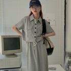 Set: Short-sleeve Button-up Crop Shirt + Drawstring Midi Pencil Skirt Gray - One Size