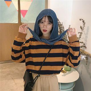 Striped Denim-hooded Long-sleeve Loose-fit Top