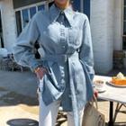 Pointy-collar Belted Denim Shirt Light Blue - One Size