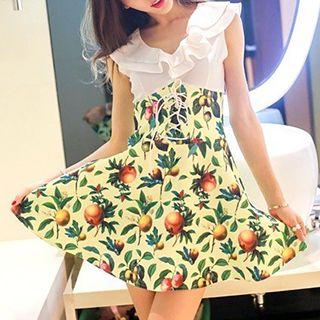 Ruffle Trim Lace Up Waist Printed Sleeveless Dress