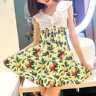 Ruffle Trim Lace Up Waist Printed Sleeveless Dress