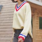 Contrast Trim V-neck Boxy Sweater Almond - One Size