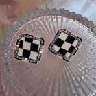 Square Check Rhinestone Earring 1 Pair - Silver Stud - Black & White - One Size