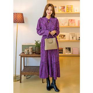 Tall Size Tie-neck Frill-trim Floral Maxi Dress