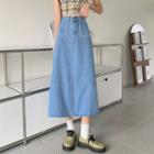 High-waist Pearl Pocket-detail Denim Maxi Skirt