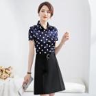 Mock Two-piece Short-sleeve Polka Dot Mini Dress