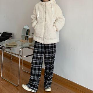 Hooded Zip Fleece Jacket / Plaid Wide-leg Pants