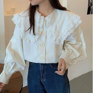 Lace Trim Ruffled Blouse Off-white - One Size