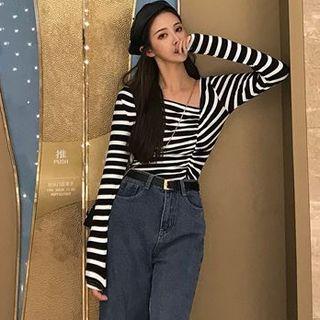 Long-sleeve Striped Asymmetrical T-shirt Stripes - Black & White - One Size