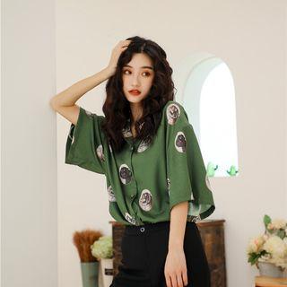 3/4-sleeve Animal Printed Color Panel Shirt