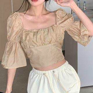 Puff-sleeve Square-neck Ruched Cropped Blouse