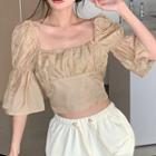 Puff-sleeve Square-neck Ruched Cropped Blouse
