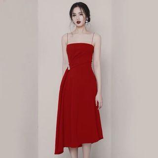 Spaghetti Strap Asymmetrical Midi A-line Dress