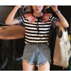 Sequined Collar Stripe Short-sleeve T-shirt