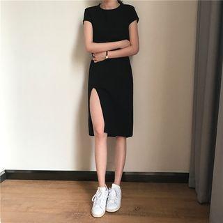 Slit Plain Short-sleeve Dress