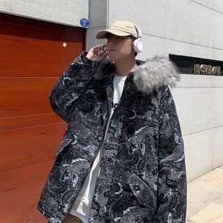 Furry Trim Hooded Paisley Print Jacket