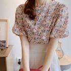 Puff-sleeve Floral Print Blouse Beige - One Size