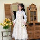 Bow Shirt / Floral Mesh Overlay Midi A-line Overall Dress