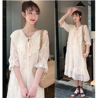 Peter Pan Collar Butterfly Embroidered Chiffon Dress Almond - Xxxs