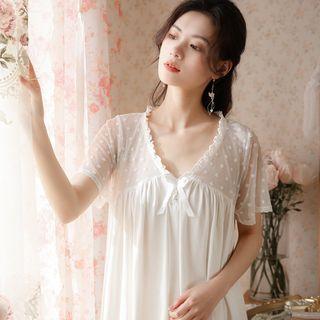 Short-sleeve Mesh Panel Midi A-line Sleep Dress