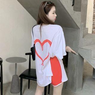 Heart-print Side-slit Loose Long T-shirt / Contrasted High-waist Shorts