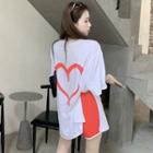 Heart-print Side-slit Loose Long T-shirt / Contrasted High-waist Shorts