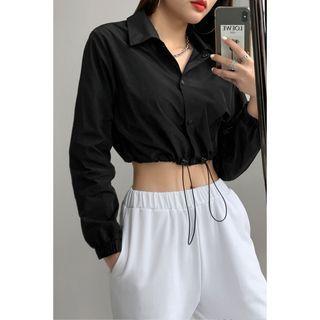 Snap-button Drawstring Crop Shirt