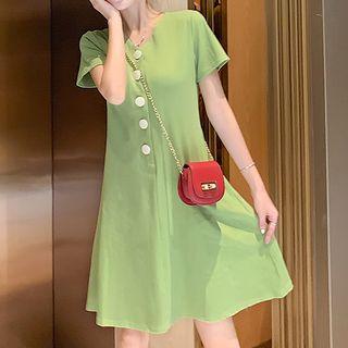 Short-sleeve Plain V-neck Button-back A-line Skirt