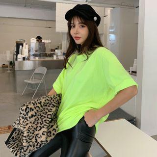 Elbow-sleeve Cotton T-shirt Lime Green - One Size