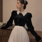 Lace Collar Velvet Shirt Black - One Size