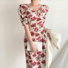 Short-sleeve Floral Print Puff-shoulder Midi Dress