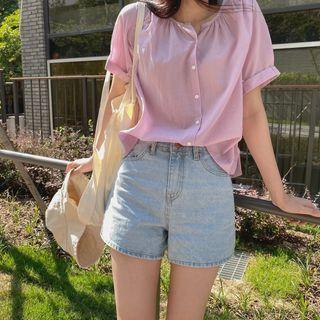 Puff-sleeve Plain Cotton Blouse