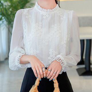 Long-sleeve Embroidered Mock-neck Chiffon Blouse