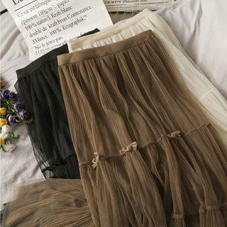 Ribbon-accent Mesh Midi Skirt