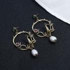Faux Pearl Alloy Bird Hoop Earring 1 Pair - Gold & White - One Size