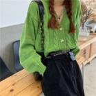 Long-sleeve Cable Knit Cropped Cardigan Green - One Size