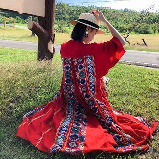 Elbow-sleeve Printed Midi Light Jacket Red - One Size