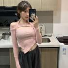 Long-sleeve Cold Shoulder Cropped Knit Top