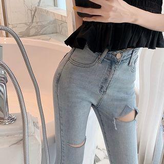 High Waist Washed Distressed Skinny Jeans