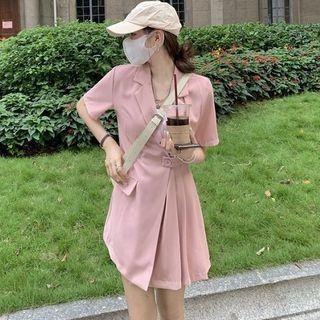 Short-sleeve Collared A-line Dress Pink - One Size
