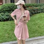 Short-sleeve Collared A-line Dress Pink - One Size
